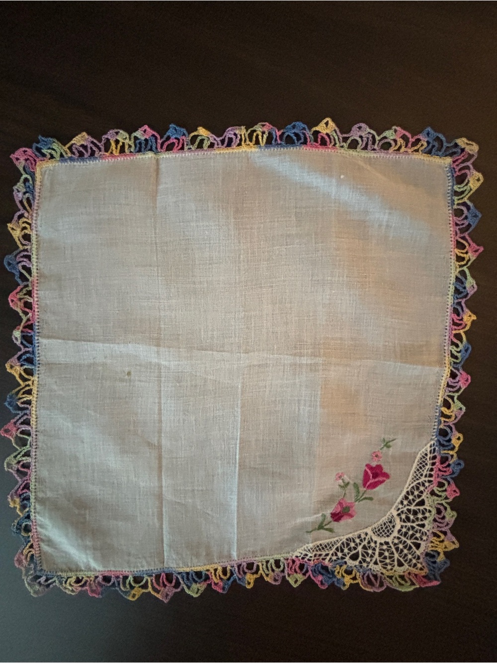 Vintage Embroidered Cotton Handkerchief with Multicolor Crocheted Edge
